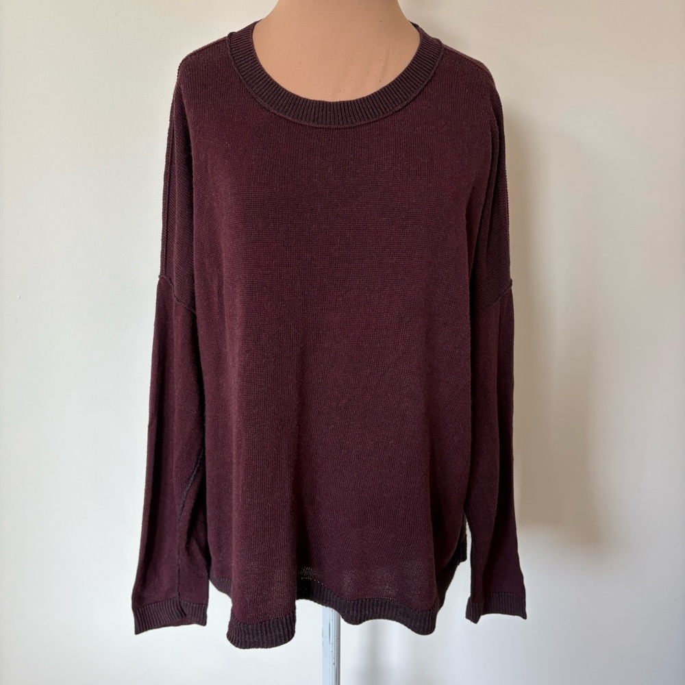 Eileen Fisher Wine Red Ribbed Trim Wool Blend Crew Neck Sweater Size Small